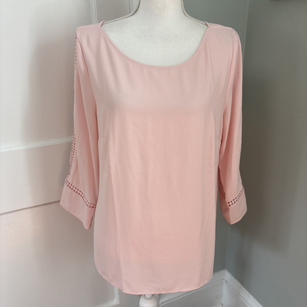 Talbots Top Medium Pink Sheer Long Sleeves Embroidered Hems Blouse Shirt Top